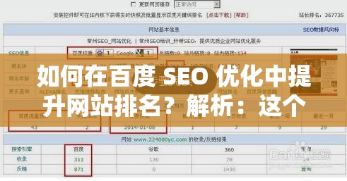 如何在百度 SEO 優(yōu)化中提升網(wǎng)站排名？解析：這個(gè)沒(méi)有出現(xiàn)與 SEO 相關(guān)的字眼，但包含了核心關(guān)鍵詞百度 SEO 優(yōu)化，同時(shí)通過(guò)提問(wèn)的形式吸引用戶，有利于提升網(wǎng)站的點(diǎn)擊率和排名