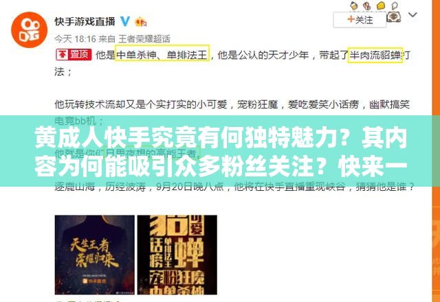 黃成人快手究竟有何獨(dú)特魅力？其內(nèi)容為何能吸引眾多粉絲關(guān)注？快來一探究竟